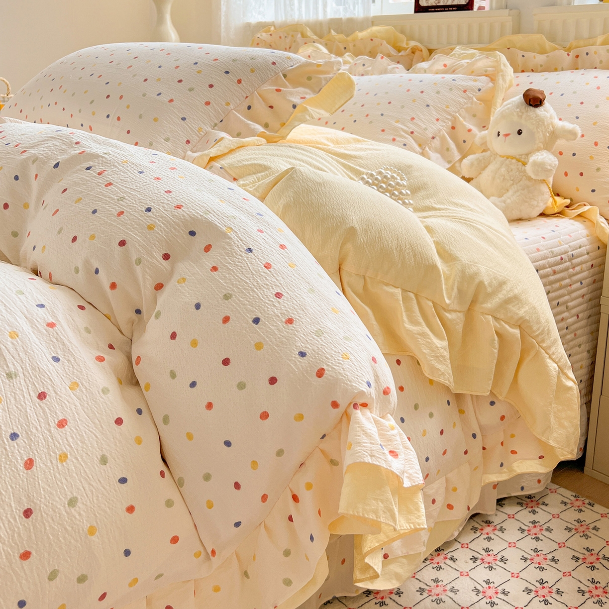 富米莱（原臻工厂） 2025新款双层花边高克重亲肤棉云柔棉床盖床单四件套 彩波点