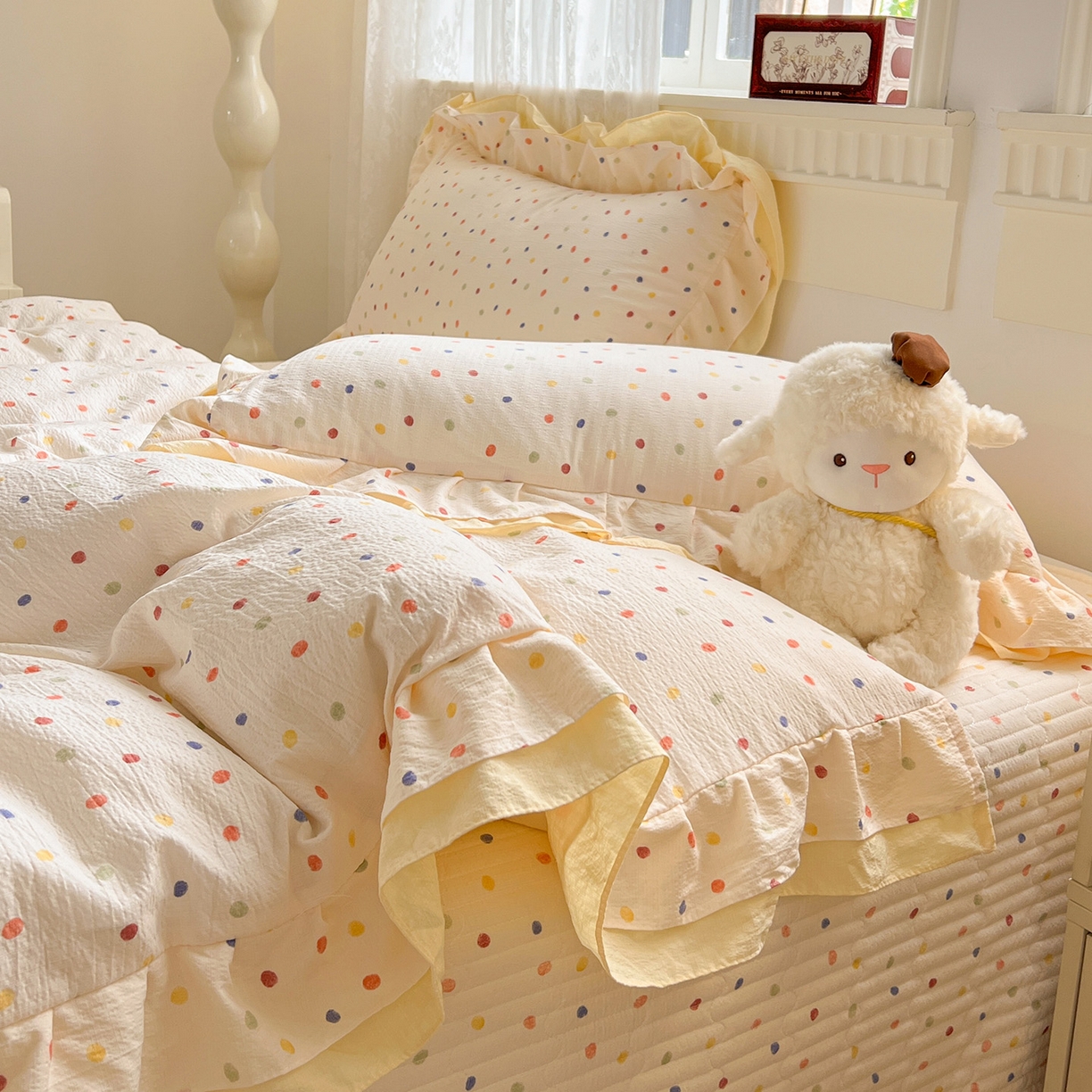 91家纺网 家纺一手货源 找家纺 富米莱（原臻工厂） 2025新款双层花边高克重亲肤棉云柔棉床盖床单四件套 彩波点