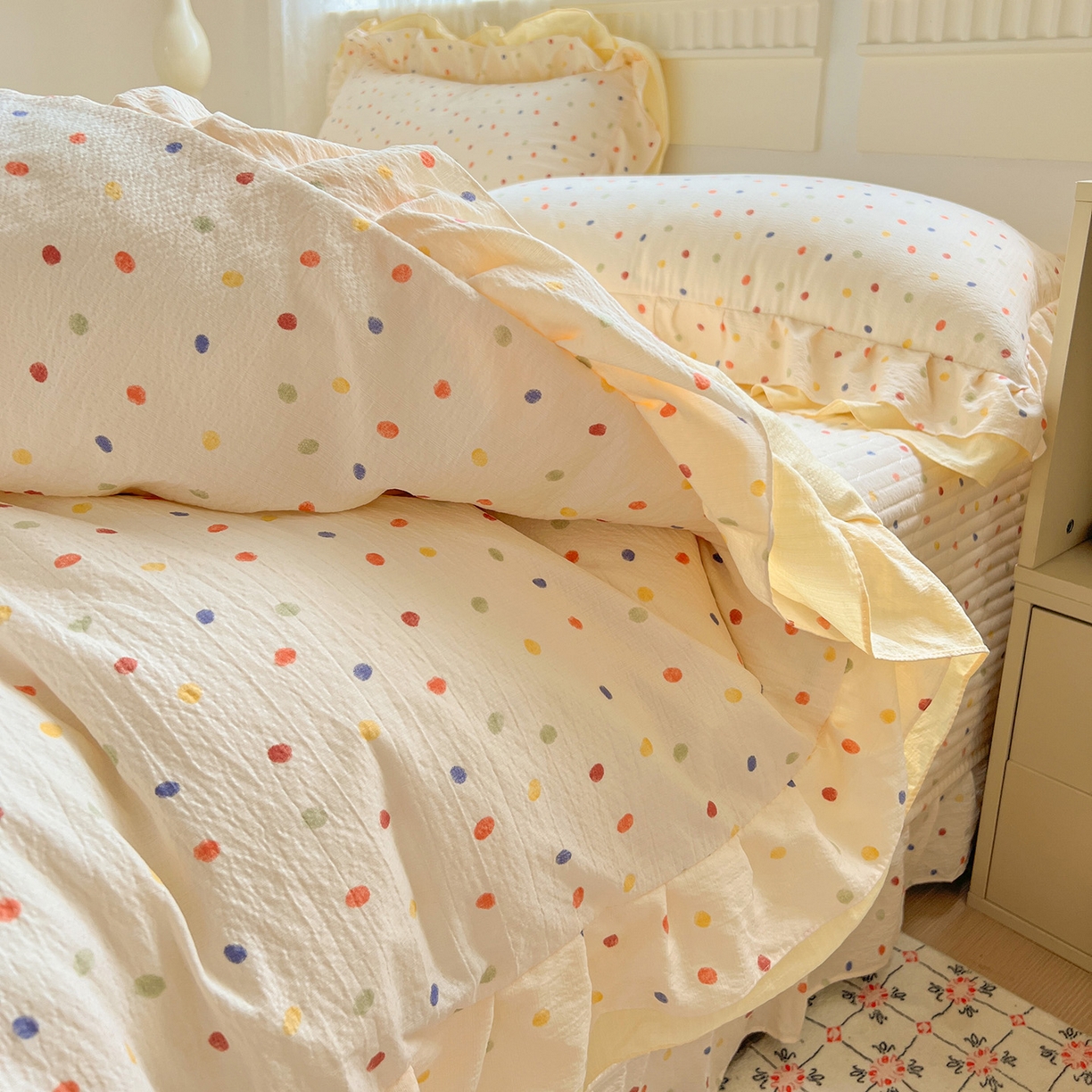 91家纺网 家纺一手货源 找家纺 富米莱（原臻工厂） 2025新款双层花边高克重亲肤棉云柔棉床盖床单四件套 彩波点