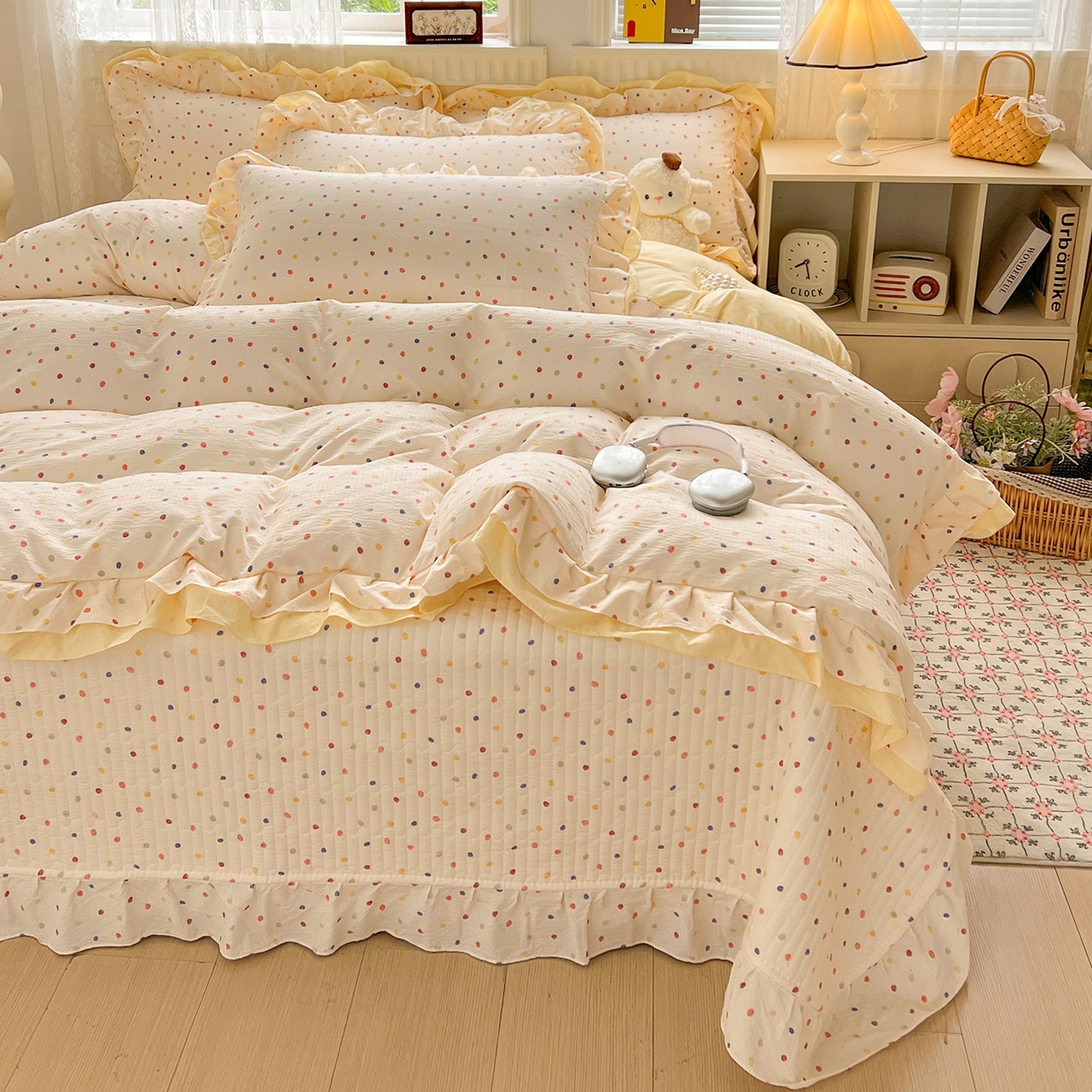 91家纺网 家纺一手货源 找家纺 富米莱（原臻工厂） 2025新款双层花边高克重亲肤棉云柔棉床盖床单四件套 彩波点