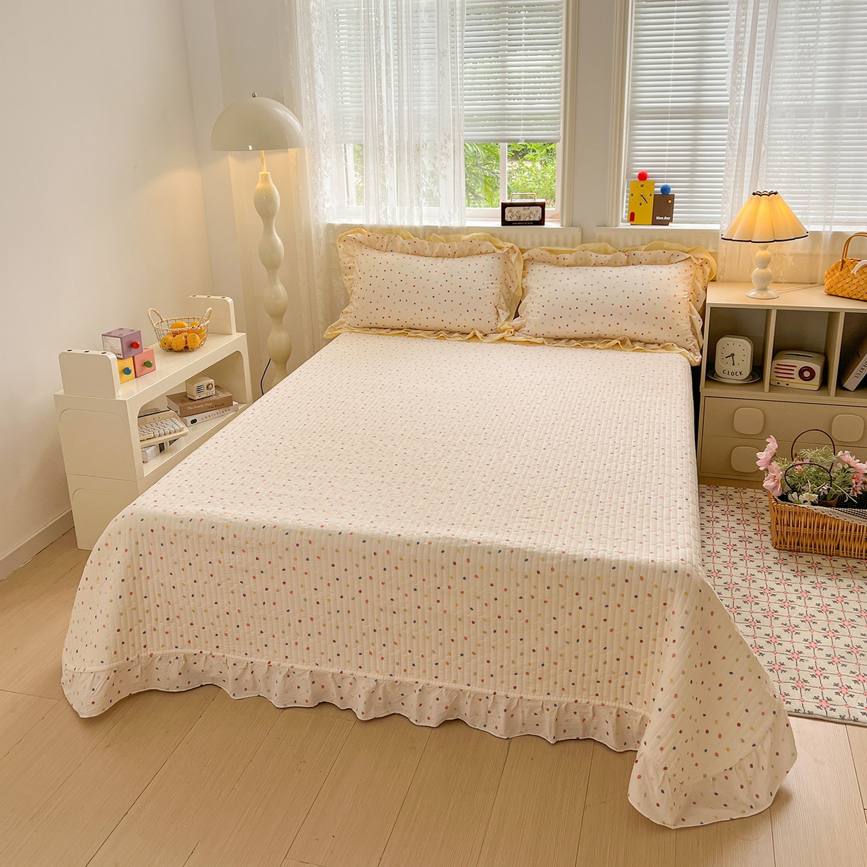 91家纺网 家纺一手货源 找家纺 富米莱（原臻工厂） 2025新款双层花边高克重亲肤棉云柔棉床盖床单四件套 彩波点