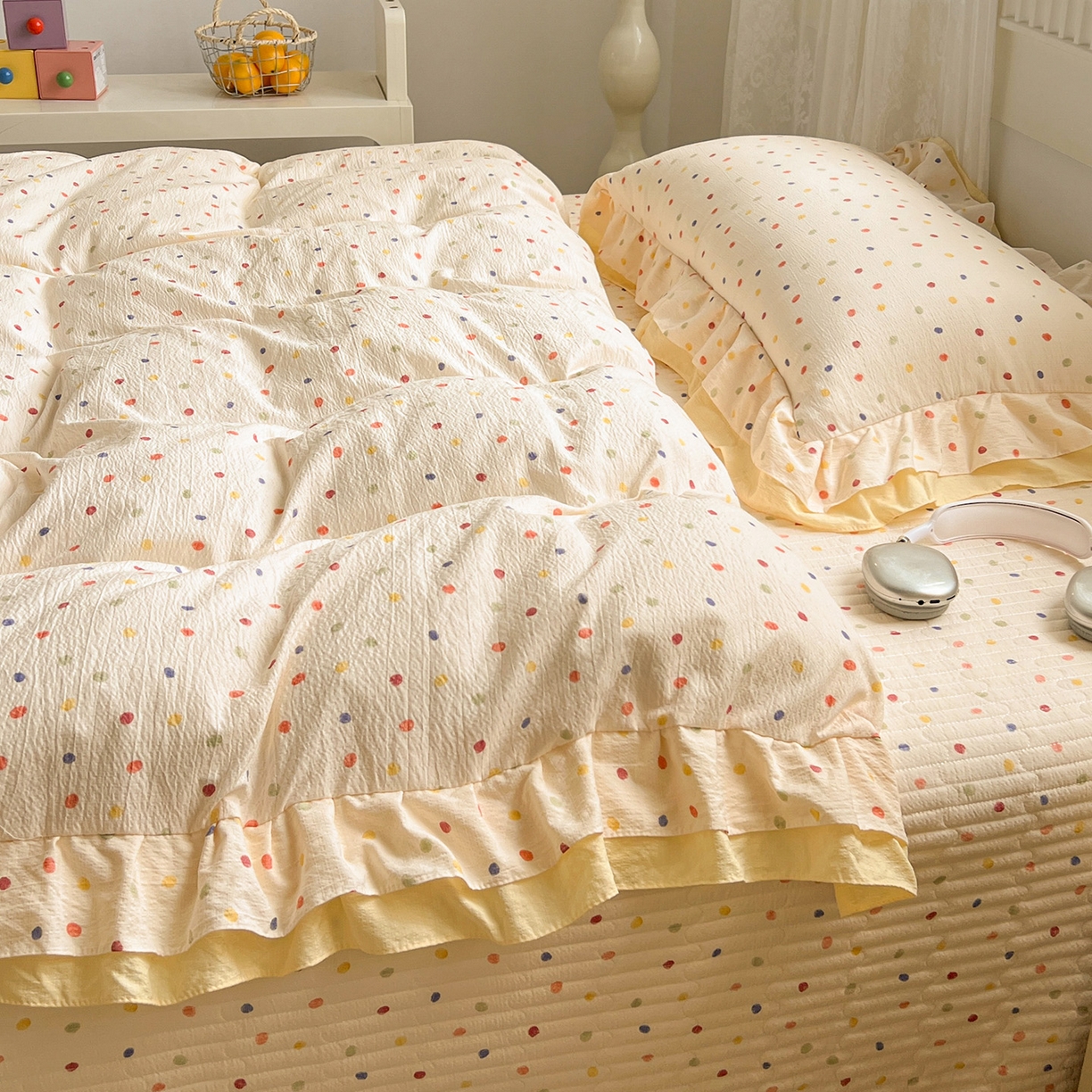 91家纺网 家纺一手货源 找家纺 富米莱（原臻工厂） 2025新款双层花边高克重亲肤棉云柔棉床盖床单四件套 彩波点