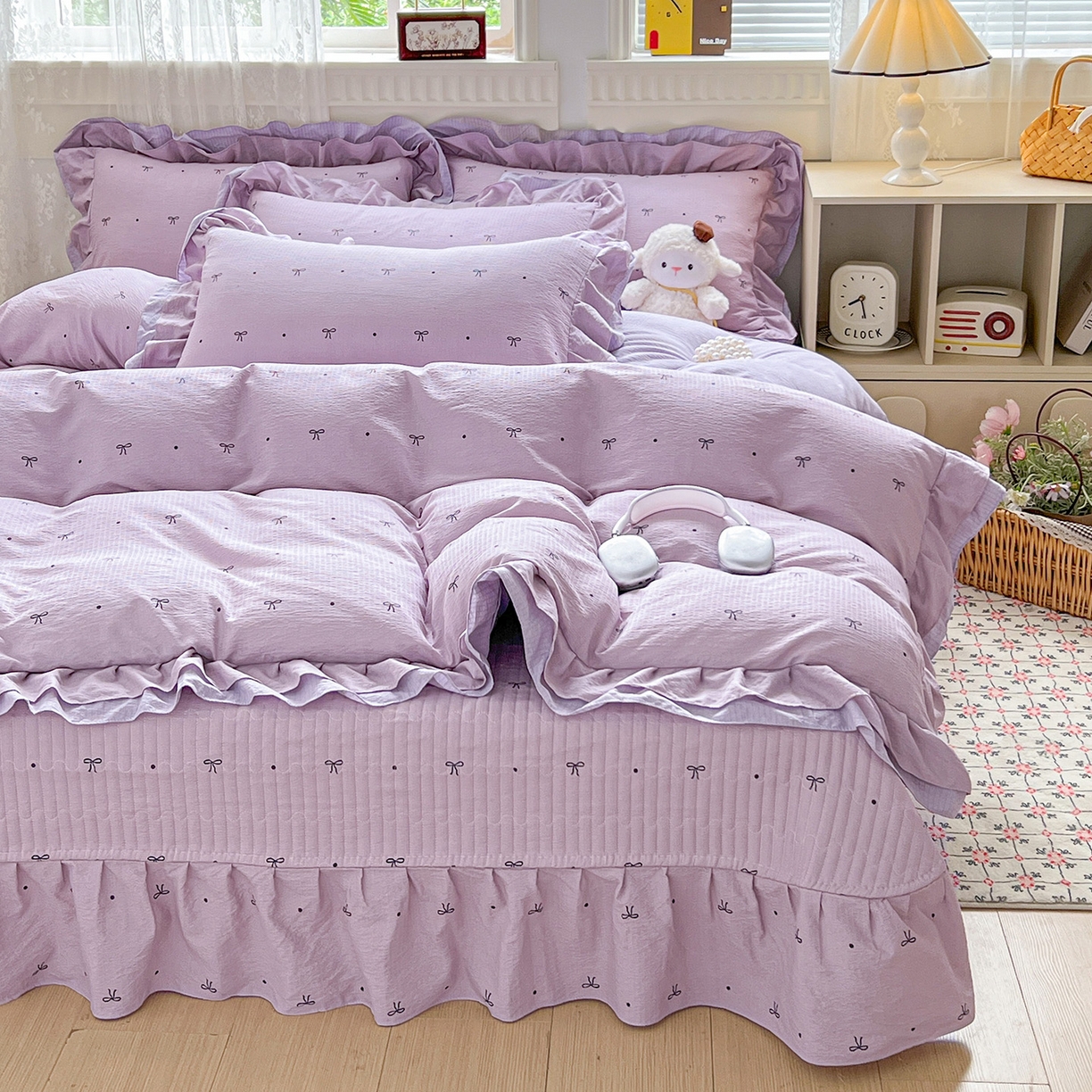 91家纺网 家纺一手货源 找家纺 富米莱（原臻工厂） 2025新款双层花边高克重亲肤棉云柔棉床盖床单四件套 蝴蝶结点点