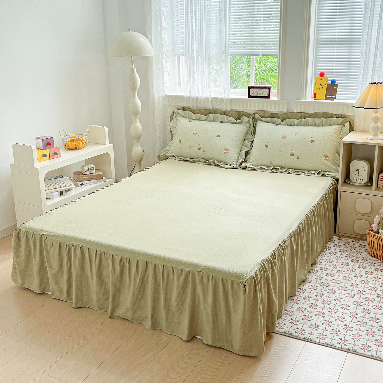 91家纺网 家纺一手货源 找家纺 富米莱（原臻工厂） 2025新款双层花边高克重亲肤棉云柔棉床盖床单四件套 绿色小象