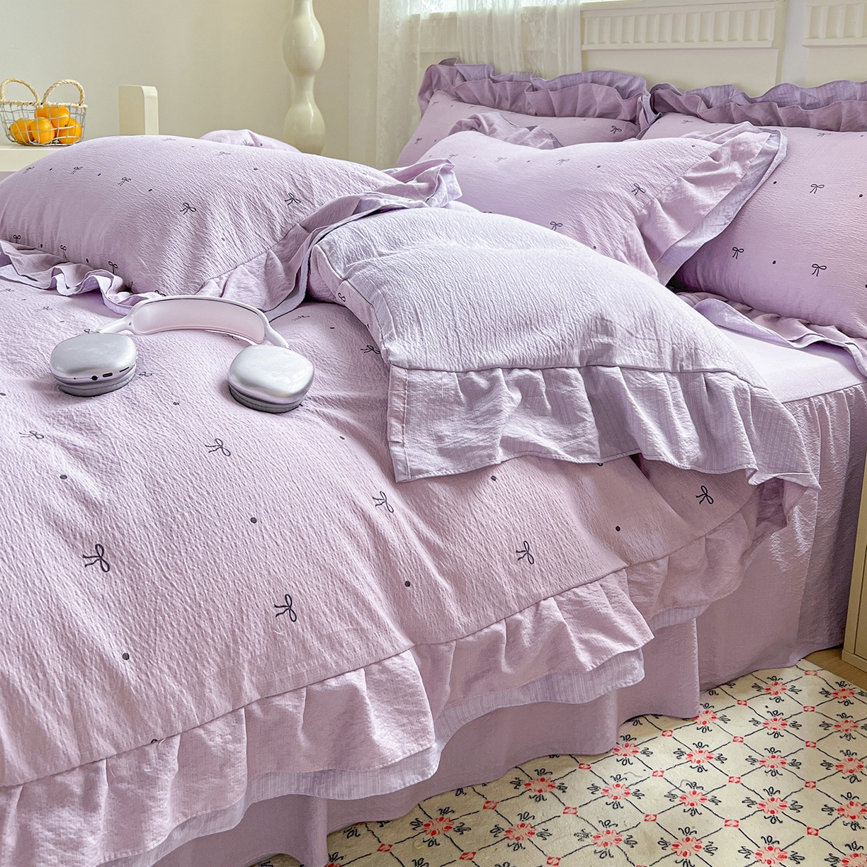 91家纺网 家纺一手货源 找家纺 富米莱（原臻工厂） 2025新款双层花边高克重亲肤棉云柔棉床盖床单四件套 蝴蝶结点点