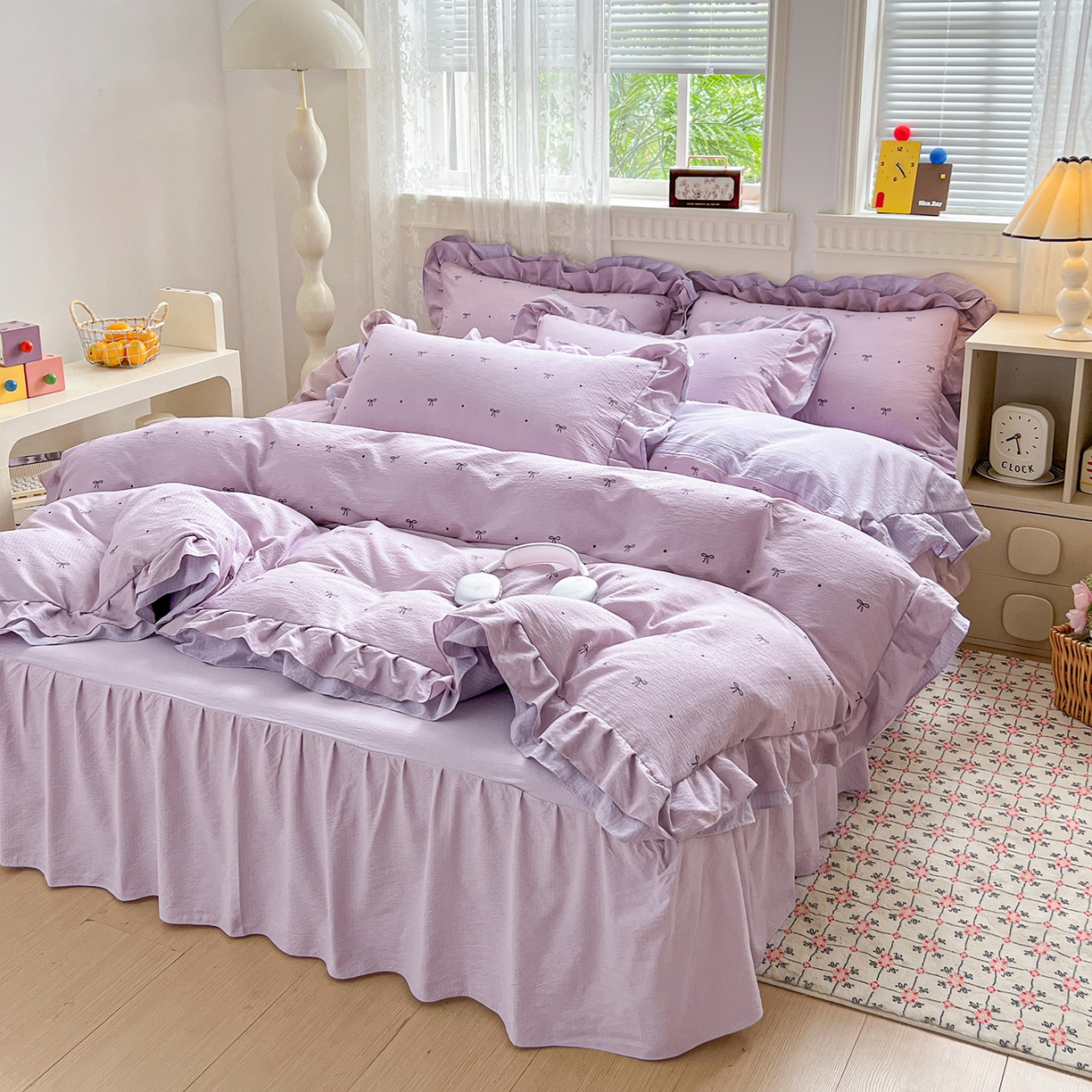 91家纺网 家纺一手货源 找家纺 富米莱（原臻工厂） 2025新款双层花边高克重亲肤棉云柔棉床盖床单四件套 蝴蝶结点点