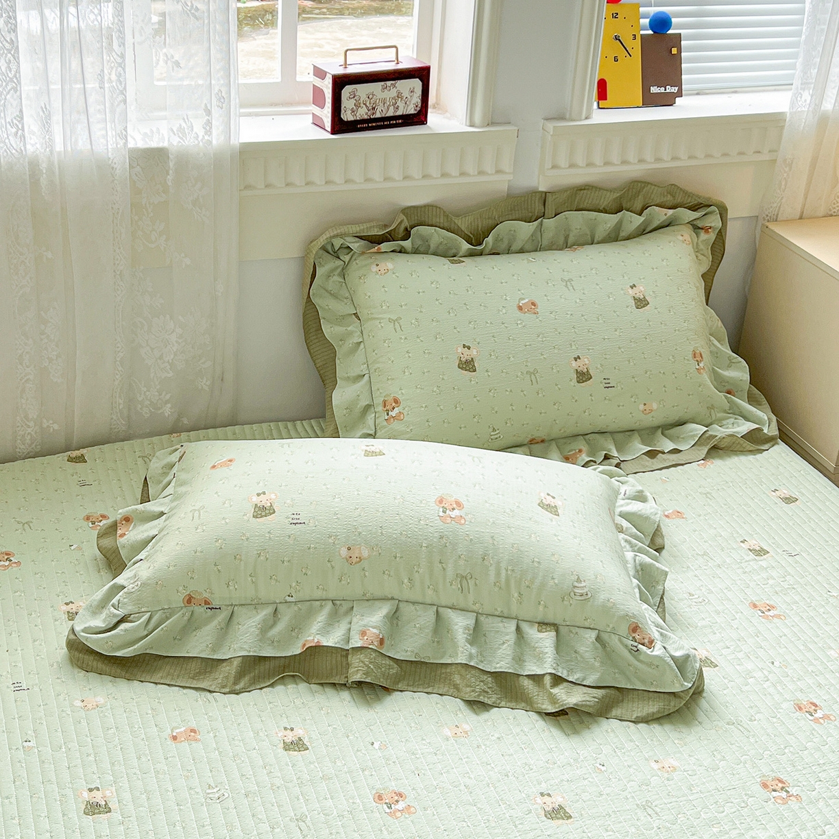 91家纺网 家纺一手货源 找家纺 富米莱（原臻工厂） 2025新款双层花边高克重亲肤棉云柔棉床盖床单四件套 绿色小象