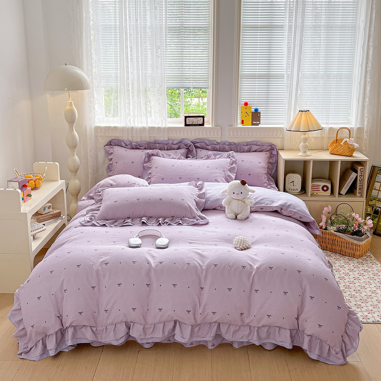 91家纺网 家纺一手货源 找家纺 富米莱（原臻工厂） 2025新款双层花边高克重亲肤棉云柔棉床盖床单四件套 蝴蝶结点点