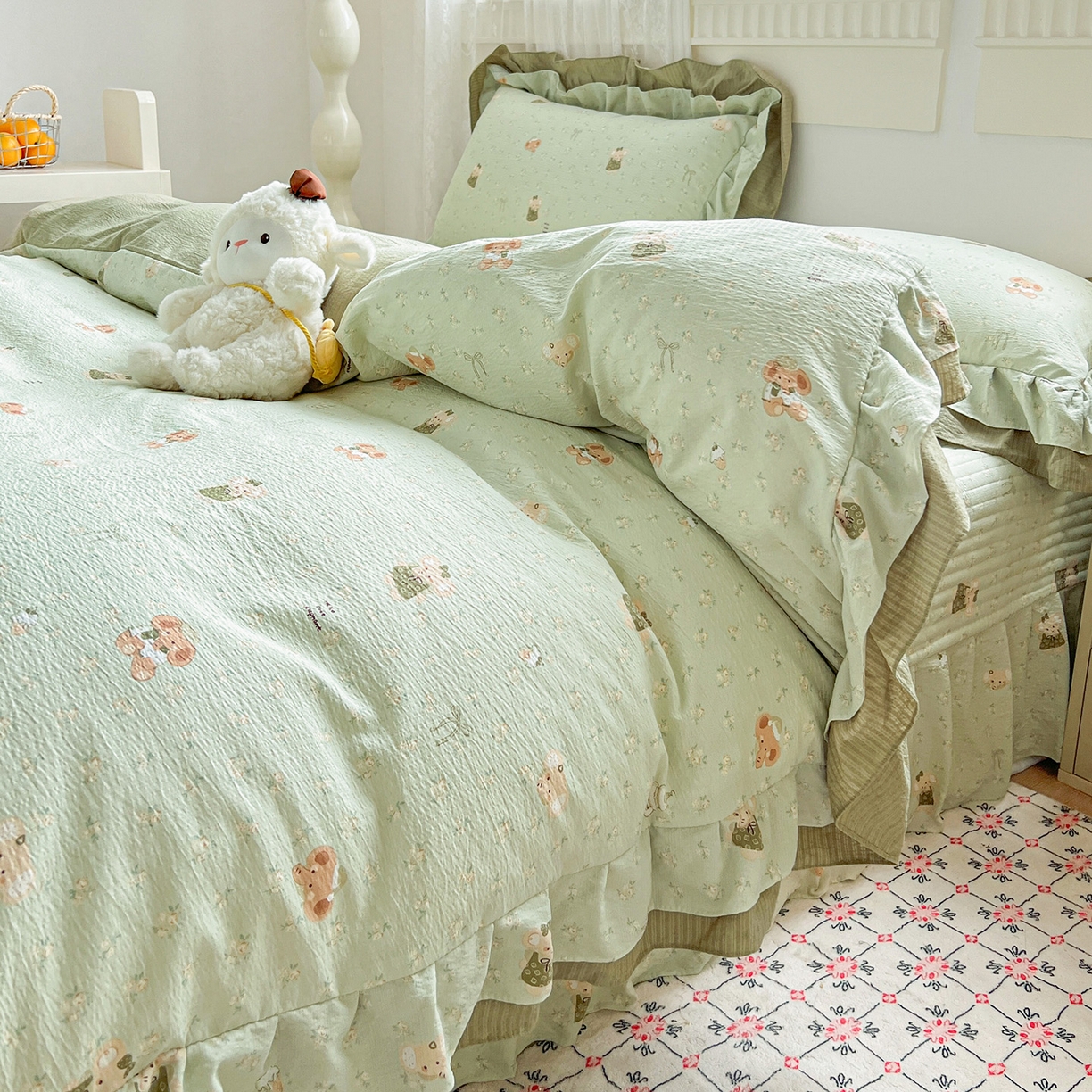 91家纺网 家纺一手货源 找家纺 富米莱（原臻工厂） 2025新款双层花边高克重亲肤棉云柔棉床盖床单四件套 绿色小象