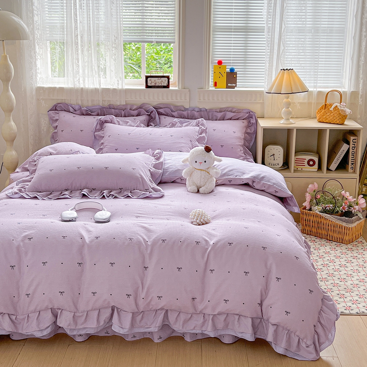 91家纺网 家纺一手货源 找家纺 富米莱（原臻工厂） 2025新款双层花边高克重亲肤棉云柔棉床盖床单四件套 蝴蝶结点点