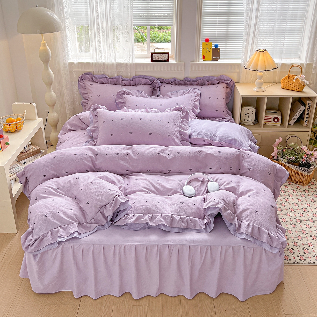 91家纺网 家纺一手货源 找家纺 富米莱（原臻工厂） 2025新款双层花边高克重亲肤棉云柔棉床盖床单四件套 蝴蝶结点点