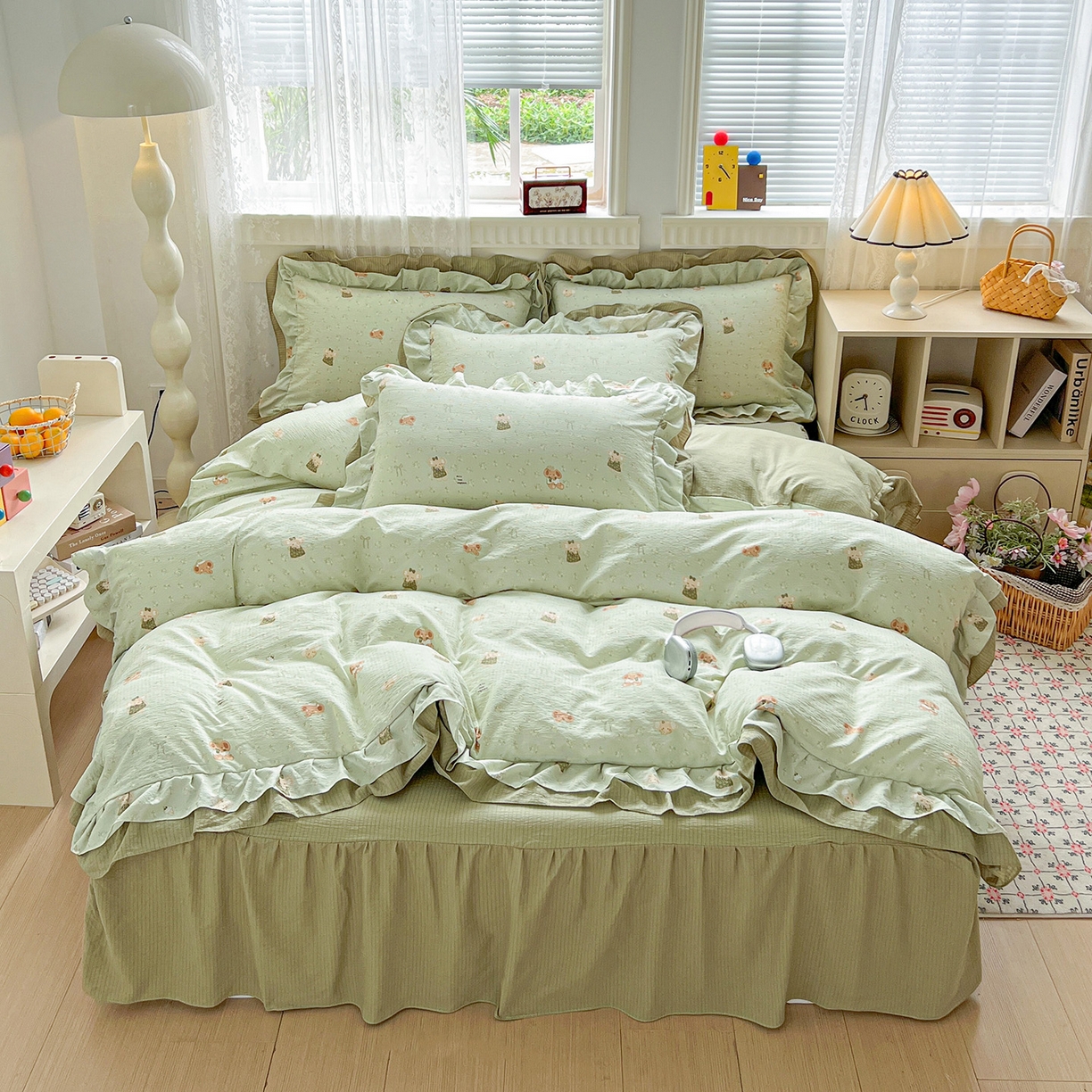 91家纺网 家纺一手货源 找家纺 富米莱（原臻工厂） 2025新款双层花边高克重亲肤棉云柔棉床盖床单四件套 绿色小象