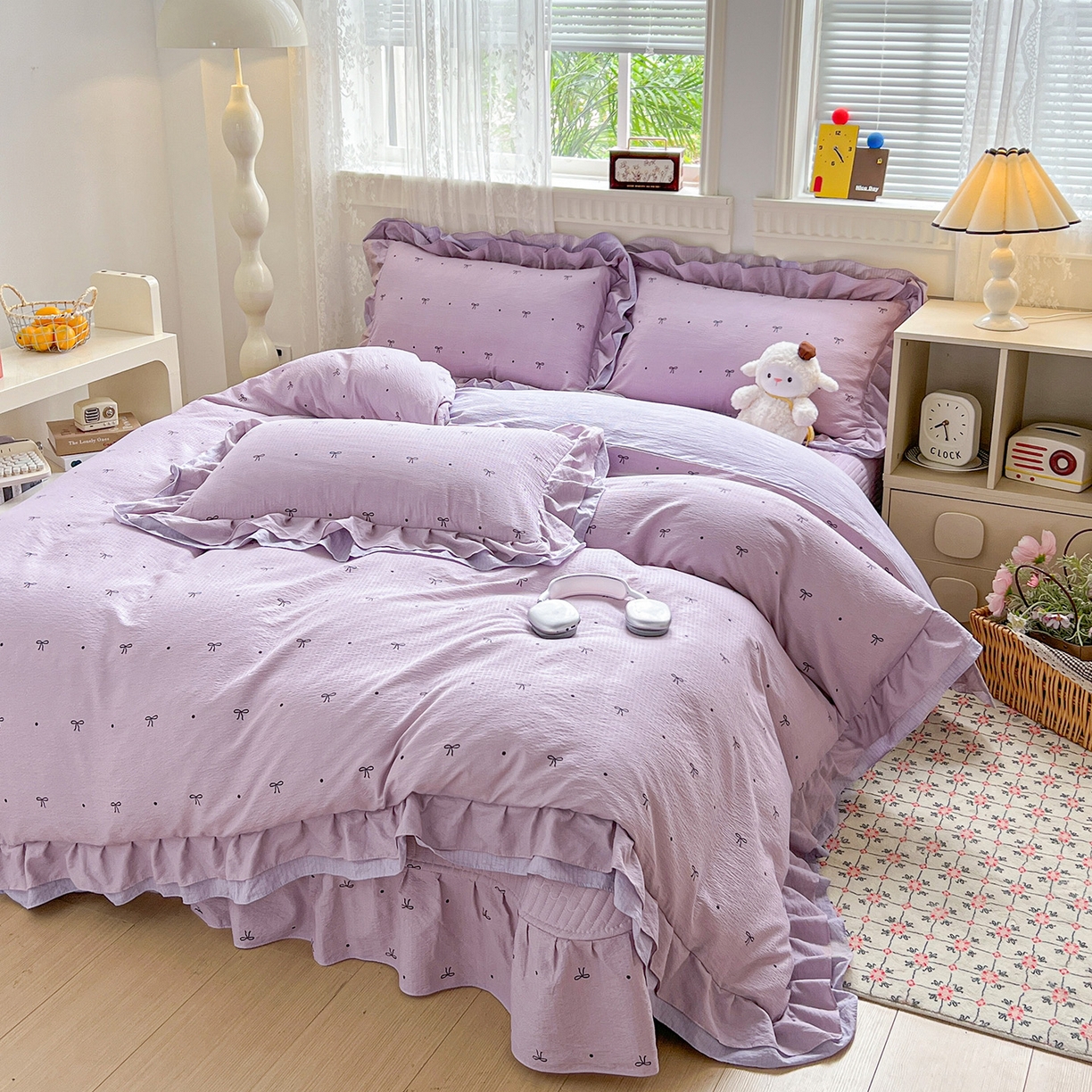 91家纺网 家纺一手货源 找家纺 富米莱（原臻工厂） 2025新款双层花边高克重亲肤棉云柔棉床盖床单四件套 蝴蝶结点点