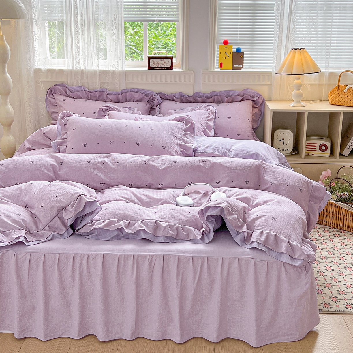 91家纺网 家纺一手货源 找家纺 富米莱（原臻工厂） 2025新款双层花边高克重亲肤棉云柔棉床盖床单四件套 蝴蝶结点点