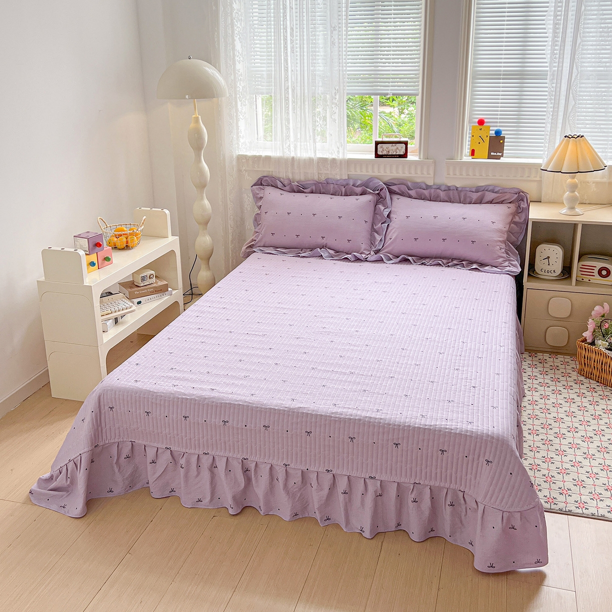 91家纺网 家纺一手货源 找家纺 富米莱（原臻工厂） 2025新款双层花边高克重亲肤棉云柔棉床盖床单四件套 蝴蝶结点点