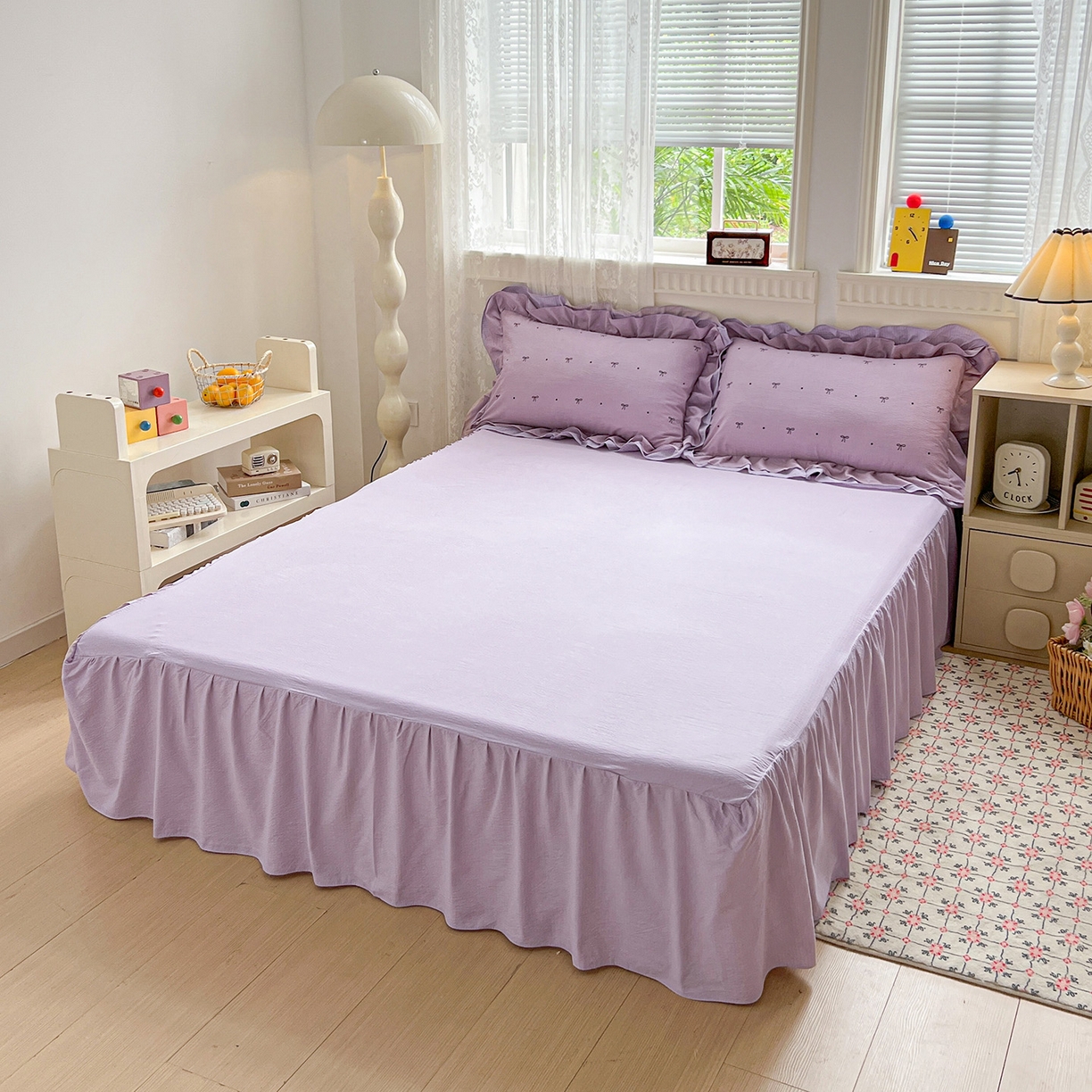 91家纺网 家纺一手货源 找家纺 富米莱（原臻工厂） 2025新款双层花边高克重亲肤棉云柔棉床盖床单四件套 蝴蝶结点点