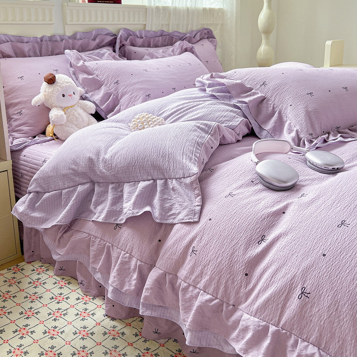 91家纺网 家纺一手货源 找家纺 富米莱（原臻工厂） 2025新款双层花边高克重亲肤棉云柔棉床盖床单四件套 蝴蝶结点点