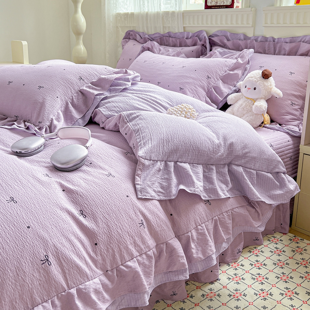 91家纺网 家纺一手货源 找家纺 富米莱（原臻工厂） 2025新款双层花边高克重亲肤棉云柔棉床盖床单四件套 蝴蝶结点点