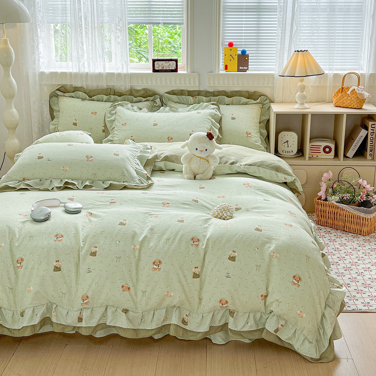 91家纺网 家纺一手货源 找家纺 富米莱（原臻工厂） 2025新款双层花边高克重亲肤棉云柔棉床盖床单四件套 绿色小象