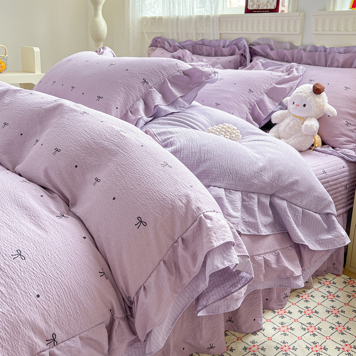 富米莱（原臻工厂） 2025新款双层花边高克重亲肤棉云柔棉床盖床单四件套 蝴蝶结点点