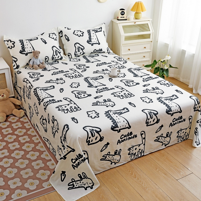 91家纺网 家纺一手货源 找家纺 金盛纺 2025新款13372全棉印花单品床单 趣味恐龙