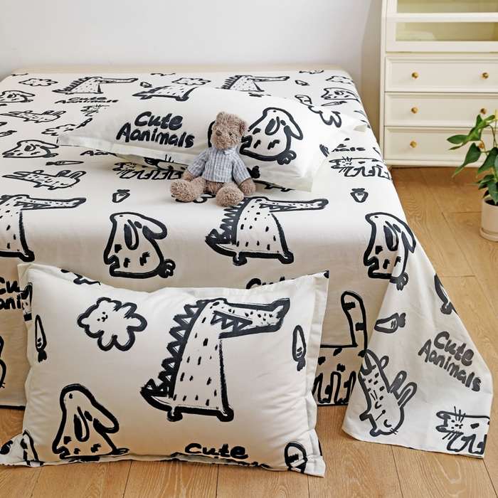 91家纺网 家纺一手货源 找家纺 金盛纺 2025新款13372全棉印花单品床单 趣味恐龙