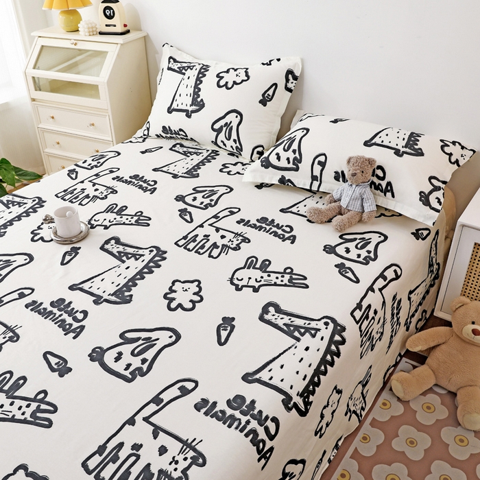 91家纺网 家纺一手货源 找家纺 金盛纺 2025新款13372全棉印花单品床单 趣味恐龙