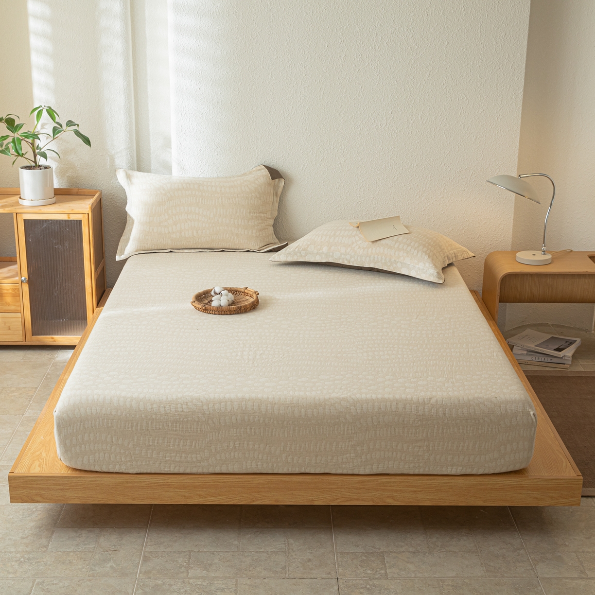 91家纺网 家纺一手货源 找家纺 眠博士 2025新款A类棉麻双层纱提花床笠 棉麻双层纱床笠-豹纹