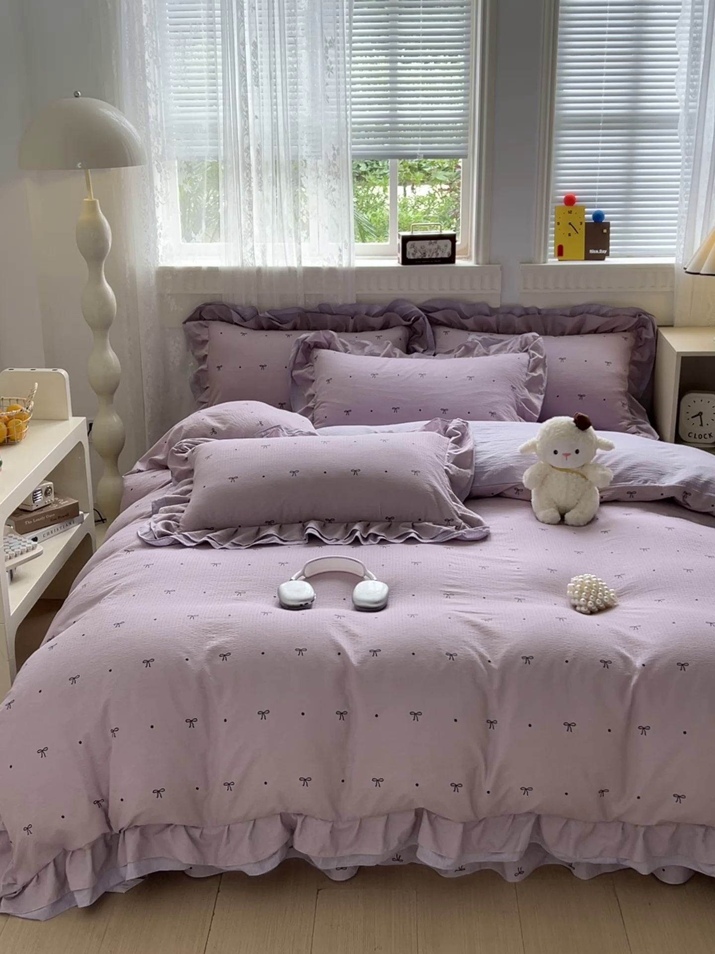 91家纺网 家纺一手货源 找家纺 富米莱（原臻工厂） 2025新款双层花边高克重亲肤棉云柔棉床盖床单四件套 蝴蝶结点点