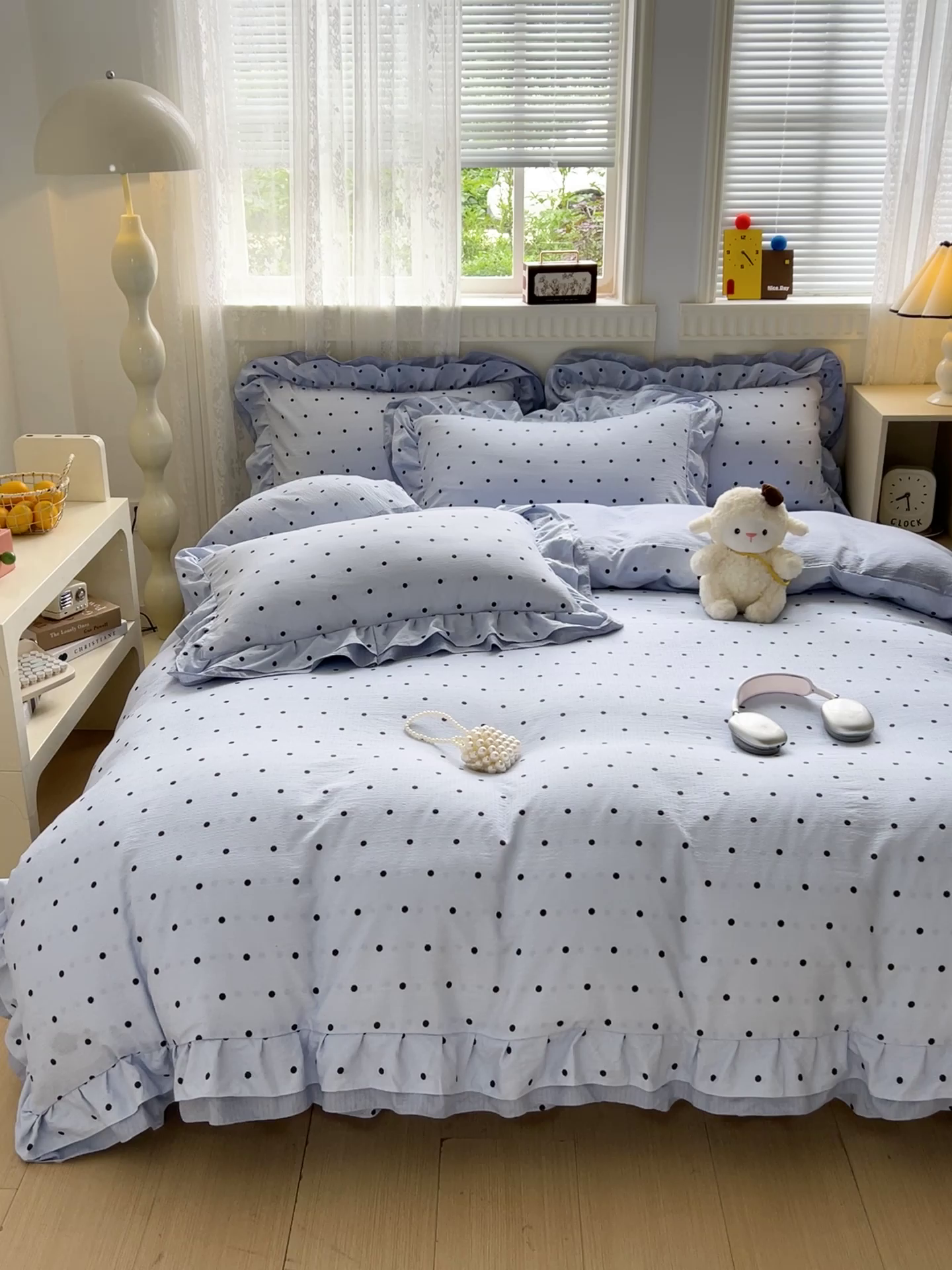 91家纺网 家纺一手货源 找家纺 富米莱（原臻工厂） 2025新款双层花边高克重亲肤棉云柔棉床盖床单四件套 蓝波点