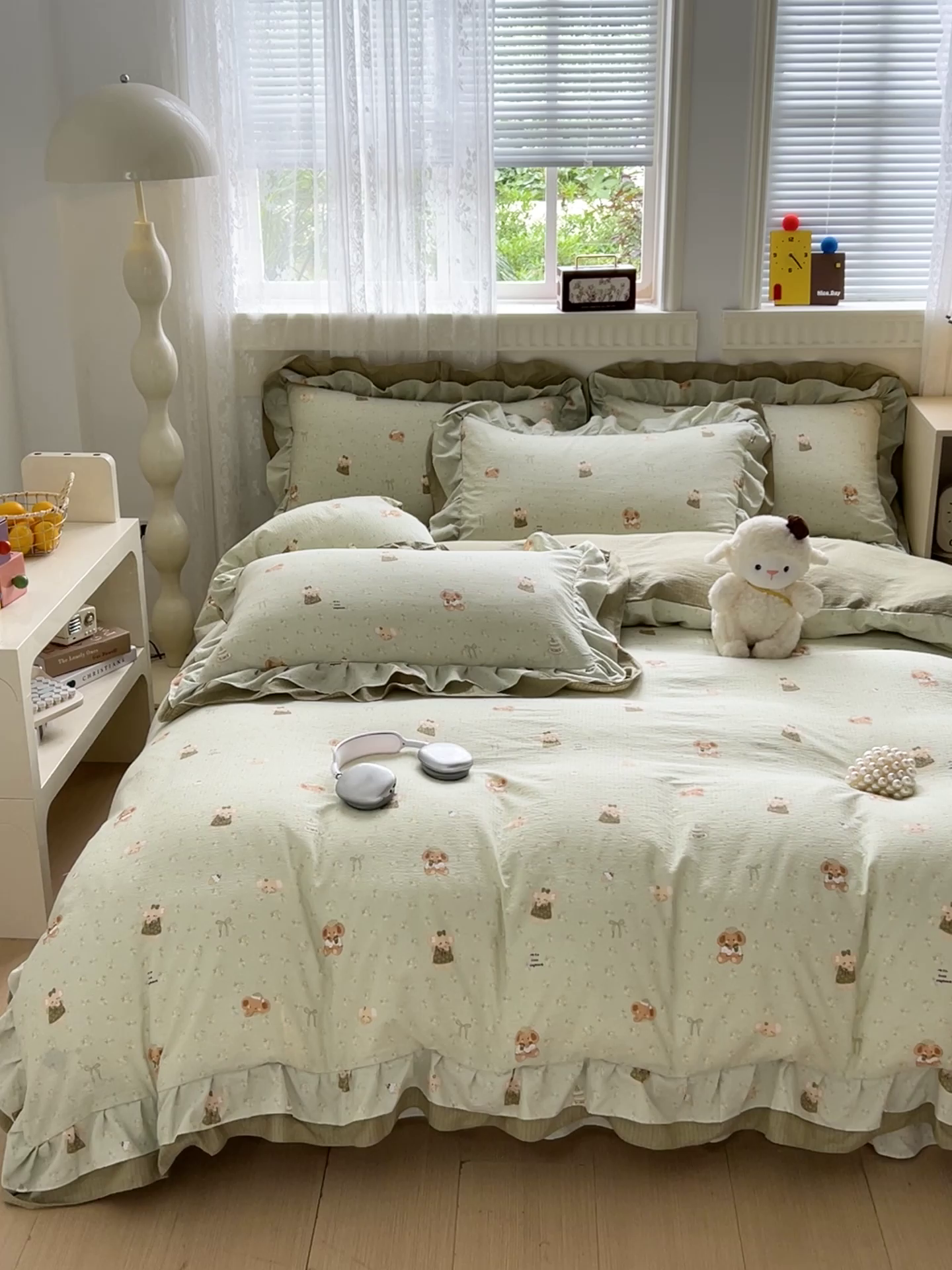 91家纺网 家纺一手货源 找家纺 富米莱（原臻工厂） 2025新款双层花边高克重亲肤棉云柔棉床盖床单四件套 绿色小象