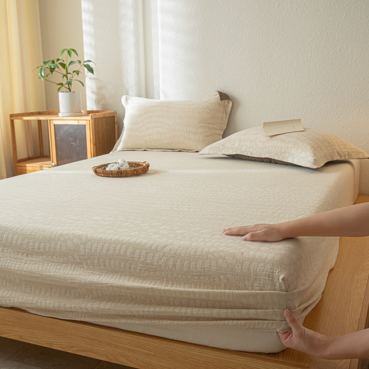 91家纺网 家纺一手货源 找家纺 眠博士 2025新款A类棉麻双层纱提花床笠 棉麻双层纱床笠-豹纹