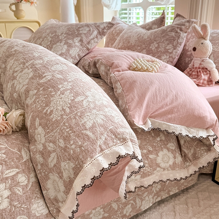 （总）韩约家纺 2025新款1全棉镂空双色刺绣花边床单款加厚棉麻四件套