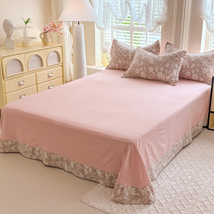 91家纺网 家纺一手货源 找家纺 （总）韩约家纺 2025新款1全棉镂空双色刺绣花边床单款加厚棉麻四件套