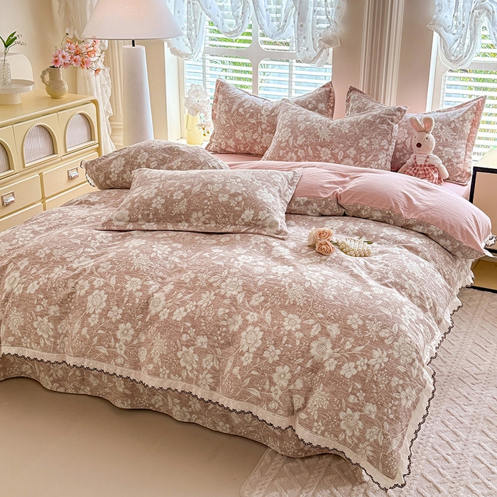 91家纺网 家纺一手货源 找家纺 （总）韩约家纺 2025新款1全棉镂空双色刺绣花边床单款加厚棉麻四件套