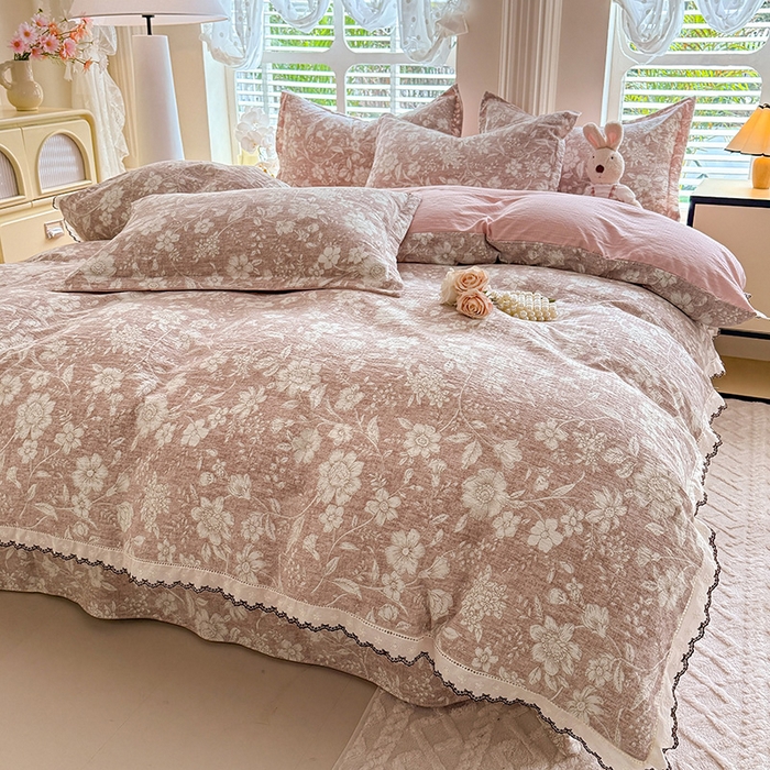 91家纺网 家纺一手货源 找家纺 （总）韩约家纺 2025新款1全棉镂空双色刺绣花边床单款加厚棉麻四件套