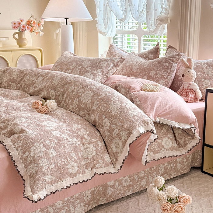 91家纺网 家纺一手货源 找家纺 （总）韩约家纺 2025新款1全棉镂空双色刺绣花边床单款加厚棉麻四件套