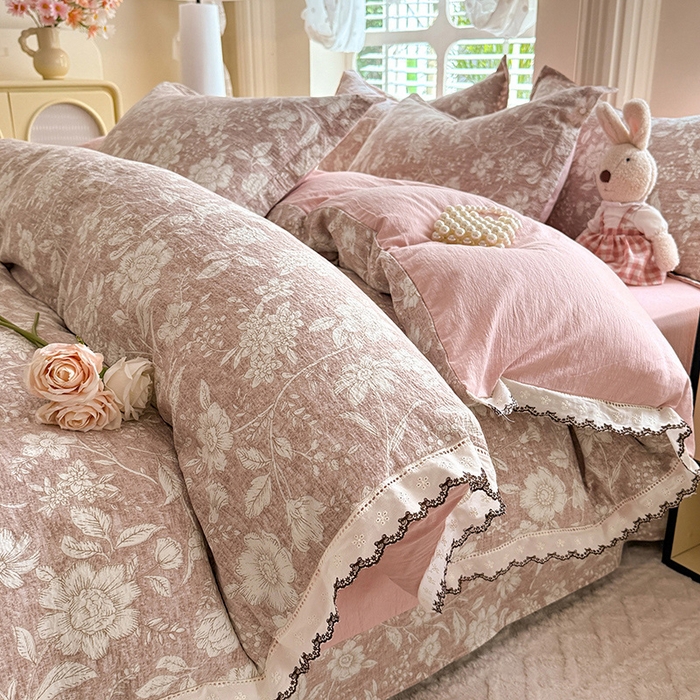 91家纺网 家纺一手货源 找家纺 （总）韩约家纺 2025新款1全棉镂空双色刺绣花边床单款加厚棉麻四件套