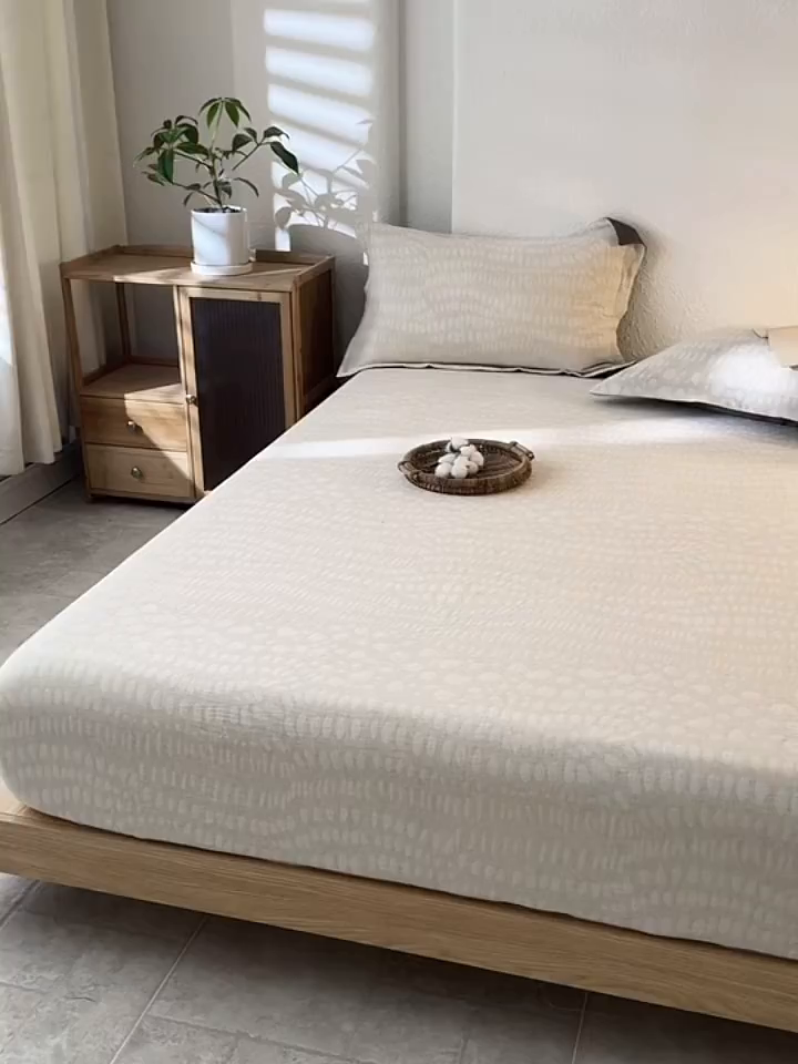 91家纺网 家纺一手货源 找家纺 眠博士 2025新款A类棉麻双层纱提花床笠 棉麻双层纱床笠-豹纹