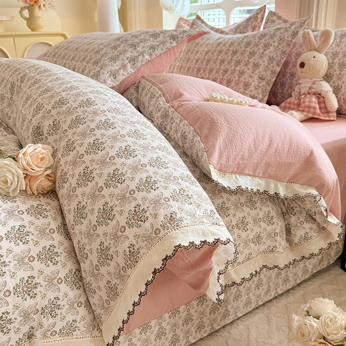 91家纺网 家纺一手货源 找家纺 （总）韩约家纺 2025新款1全棉镂空双色刺绣花边床单款加厚棉麻四件套