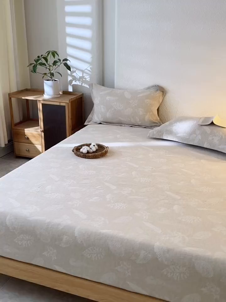 91家纺网 家纺一手货源 找家纺 眠博士 2025新款A类棉麻双层纱提花床笠 棉麻双层纱床笠-丛境花语