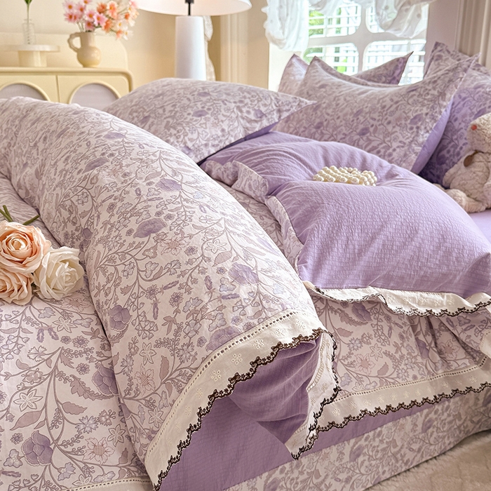 91家纺网 家纺一手货源 找家纺 （总）韩约家纺 2025新款1全棉镂空双色刺绣花边床单款加厚棉麻四件套