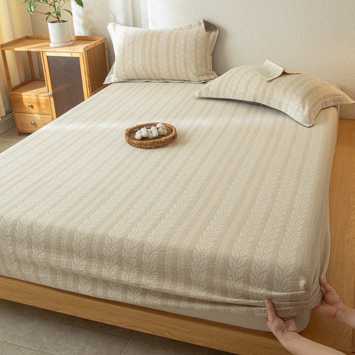 91家纺网 家纺一手货源 找家纺 眠博士 2025新款A类棉麻双层纱提花床笠 棉麻双层纱床笠-大麦