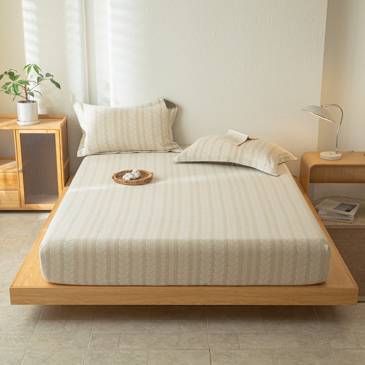 91家纺网 家纺一手货源 找家纺 眠博士 2025新款A类棉麻双层纱提花床笠 棉麻双层纱床笠-大麦