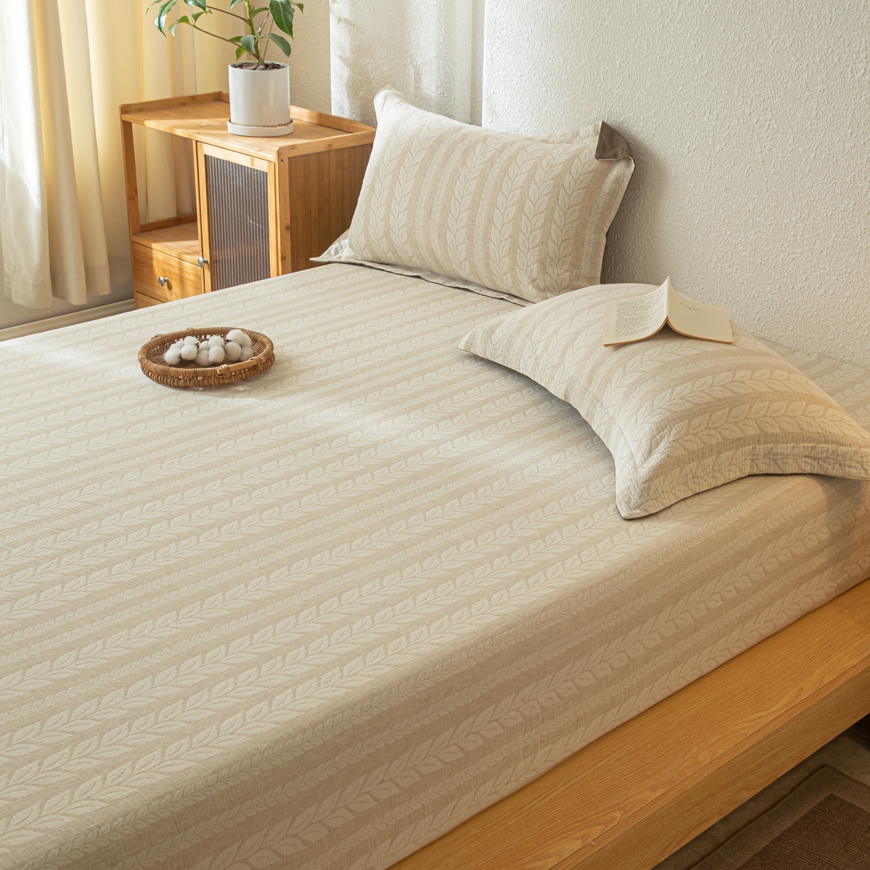 91家纺网 家纺一手货源 找家纺 眠博士 2025新款A类棉麻双层纱提花床笠 棉麻双层纱床笠-大麦