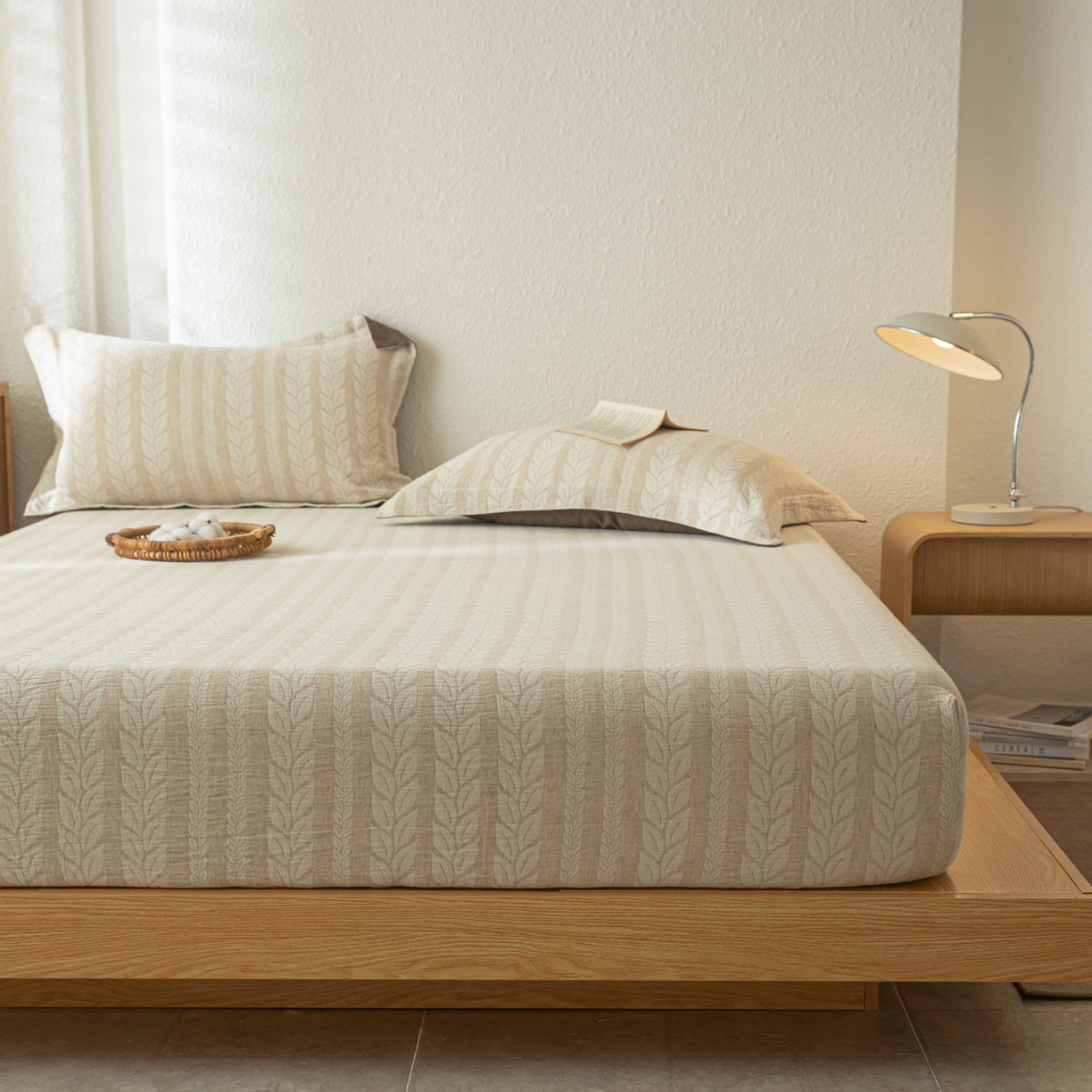 91家纺网 家纺一手货源 找家纺 眠博士 2025新款A类棉麻双层纱提花床笠 棉麻双层纱床笠-大麦