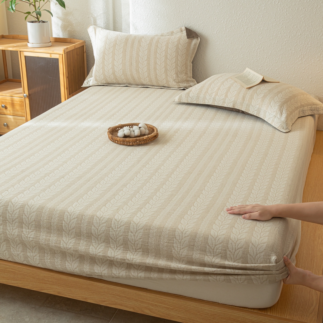 91家纺网 家纺一手货源 找家纺 眠博士 2025新款A类棉麻双层纱提花床笠 棉麻双层纱床笠-大麦