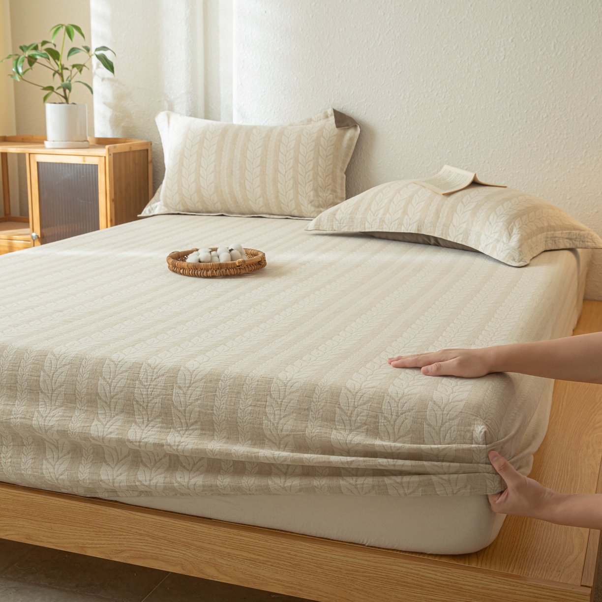 91家纺网 家纺一手货源 找家纺 眠博士 2025新款A类棉麻双层纱提花床笠 棉麻双层纱床笠-大麦