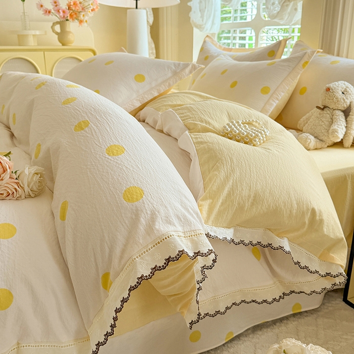 韩约家纺 2025新款1全棉镂空双色刺绣花边床单款加厚棉麻四件套 波波黄
