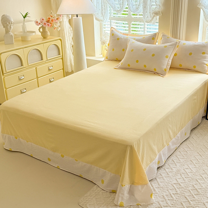 91家纺网 家纺一手货源 找家纺 韩约家纺 2025新款1全棉镂空双色刺绣花边床单款加厚棉麻四件套 波波黄